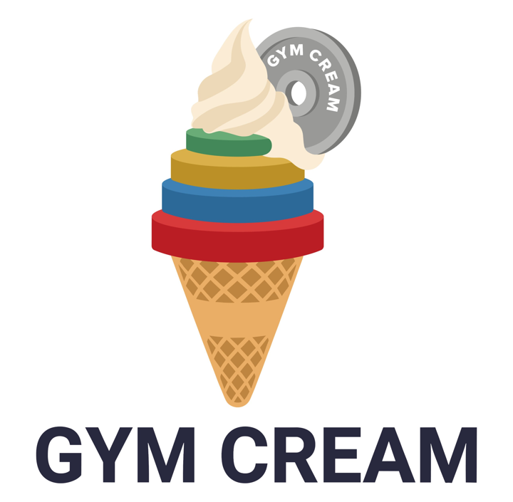 Logo de GymCream, un gelat de crema amb discos de colors i un disc de peses
